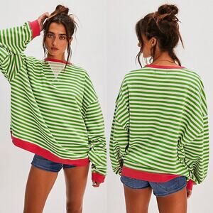 Free People Classic Striped Oversized Crewneck in Green Combo Size‎ Small